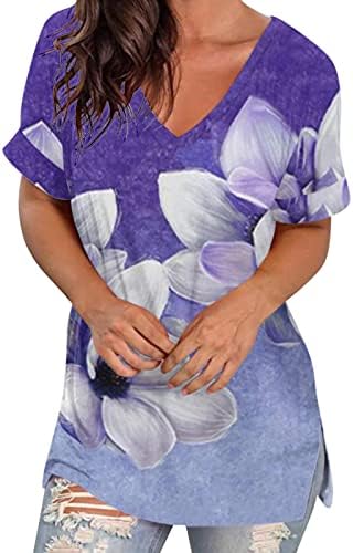 Summer manga curta feminino casual tops de verão floral curto v camiseta de pescoço de pescoço impresso lateral solto dividido