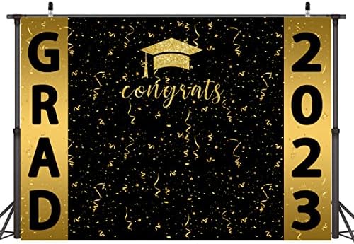 Lofaris 7x5ft Fotografia de graduação Backdrop Black and Gold Class de 2023 Bacharel Diploma Ribbon Parabéns Pós -graduação Party