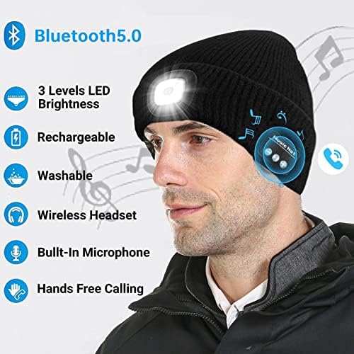 Tutuko Bluetooth Feanie Hat com luz LED de LED leve e unisex USB com fone de ouvido, presentes tecnológicos de Natal para homens