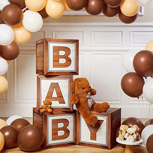 4 peças caixas de chá de bebê caixas de balão marrom de grãos de madeira com bloqueios de letras de bebê decoração de festa para