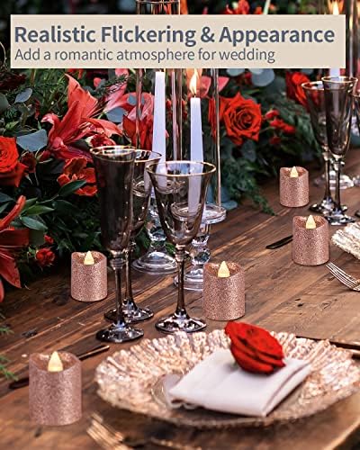 LOGUIDE VELAS VOTIVAS DE GOLHO DE GOLD ROSE ROSE, 24 PCS Operado por bateria Operado Rose Glitter LED Velas leves de chá para festa, mesa, peças centrais de casamento, Natal, decoração de aniversário