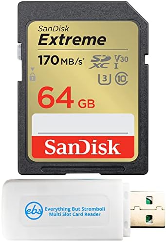Sandisk 64GB SD Card Extreme para Nikon Câmera funciona com Nikon Z30, Z FC, Z6 II, Z7 II Pacote sem espelho com tudo, exceto Stromboli Micro & Sdxc, leitor de cartão de memória