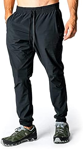 Calça de cânhamo de cânhamo Black masculino, calça de perna cônica com infusão de cânhamo premium com bolsos com zíper em tecido ativo
