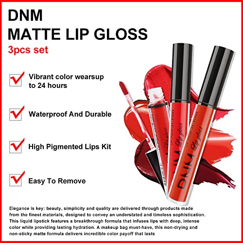 Diário de Amy 3pcs Batom de batom líquido de 24 horas de líquido de 24 horas, Prova de mancha, Dnm Matte Dark Red Batom Stain Lip
