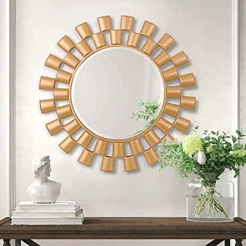 Chende 32 '' espelho de parede dourado para decoração, espelho de sotaque redondo com moldura de madeira, espelho decorativo de
