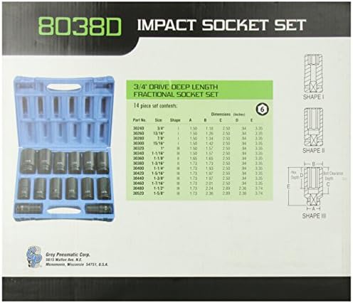 Pneumático cinza (8038d 3/4 Drive 14 peças Deep Socket Set
