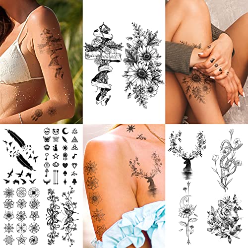 EMOME 400+ Estilos elegantes Tatuagens temporárias para mulheres, tatuagens falsas que parecem reais e duradouras, tatuagem semi