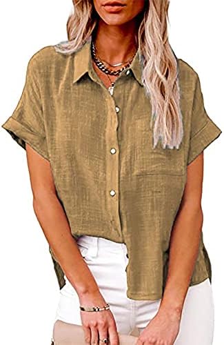Jgjjugn linho de algodão feminino camisetas para baixo, lapela v pescoço de manga curta blusa casual de túnicos de túnica com