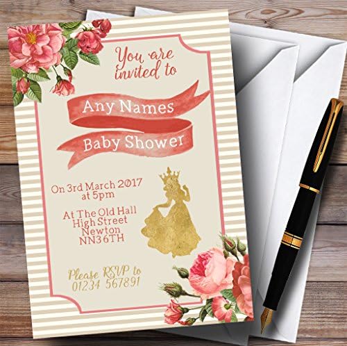 Convites de princesa de ouro rosa floral listrado convites para chá de bebê