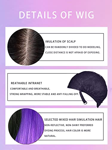 Hylign Long Purple Black Wig Silky reto sintético resistente ao calor Bangs Halloween Figurinos de cabelo para mulheres