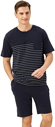 Pijama masculino de Qianxiu Conjunto de PJs listrados de algodão para homens Classic Short Sleeve Sleepwear para