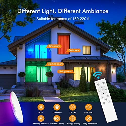 RGB Luz de teto de montagem RGB Dimmível com controle remoto, luminária de teto de alteração de cor 2520lm 2520lm, 3000K-6500K, lâmpada de teto LED redondo de 12 polegadas para quarto da sala de estar da festa da cozinha