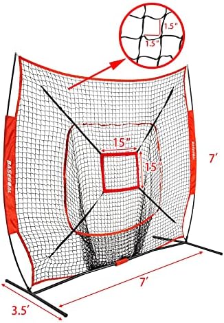 BaseGoal 7 '× 7' Baseball Softball Practice Net, Baseball Backstop, por acertar rebatidas de arremesso com moldura de arco, zona de ataque bônus