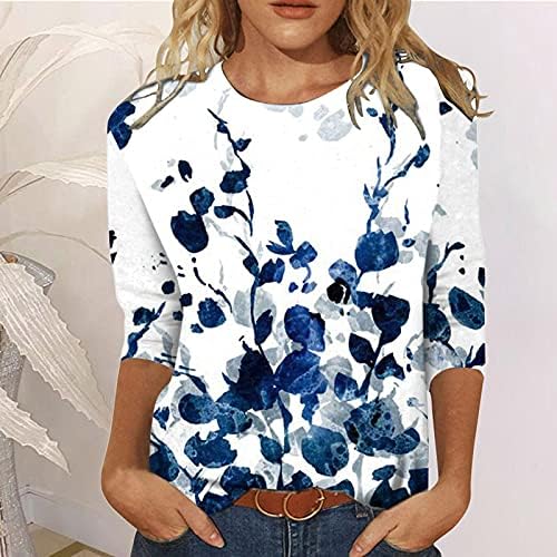 Womens Spring Summer Summer Tops casuais moda 3/4 de manga camisetas de túnica de impressão floral solta Blouse plus size