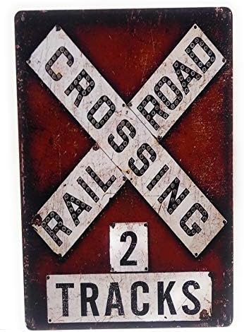 Cruzamento de linha férrea. 2 faixas de lata de lata, sinal de estrada, sinal da ferrovia, sinal vintage, sinal de quarto