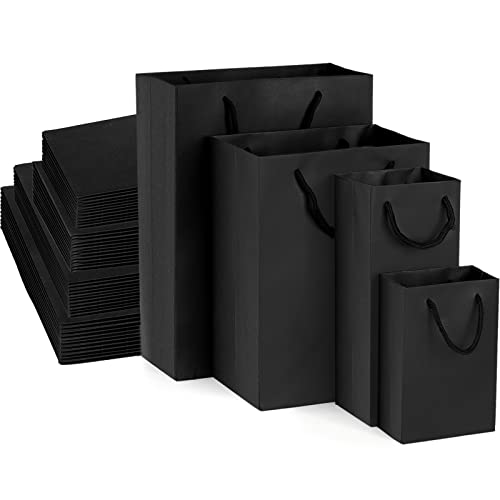 Wuweot 40 bolsas de papel pretas, tamanhos de presente de tamanhos de presente, sacolas de bolsas de compras de bolsas de compras com alça para negócios de varejo, mercearia, embalagem, aniversário, casamento, festa de festa