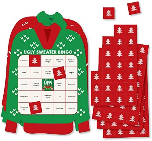 Big Dot of Happiness Sweater Ugly - Bar Bingo Cartões e Marcadores - Holiday and Christmas Party Shaped Bingo Game - Conjunto de 18