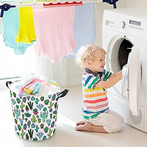 Bolsa de lavanderia de padrão de cacto colorido com alças cesto de armazenamento à prova d'água redonda dobrável 16,5 x 17,3