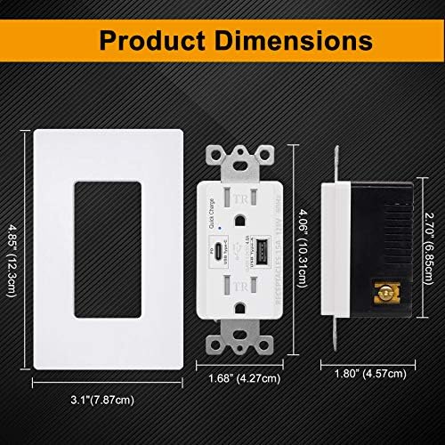 [5 pacote] Bestten 24W/4.8A PD 3.0 e Quick Charger 3.0 Usb Outlet USB, tomada de receptáculo USB tipo C, receptáculo resistente