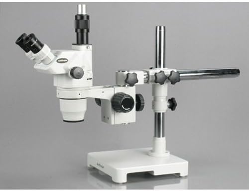 AMSCOPE ZM-3TX Microscópio de zoom de estéreo trinocular profissional, EW10X, ampliação de 3,35x-45x, objetiva de zoom de 0,67x-4,5x, iluminação ambiente, suporte de lança de braço único, inclui lente de barlo de 0,5x