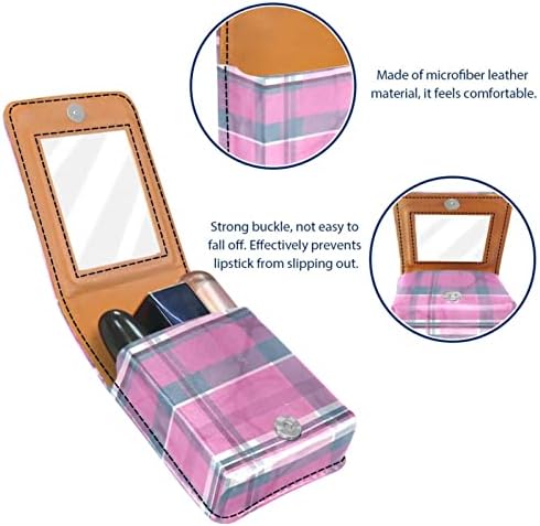 Caixa de batom de Oryuekan com espelho bolsa de maquiagem portátil fofa, bolsa cosmética, rosa verificação de grade de treliça vintage vintage