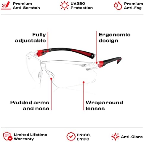 Óculos de segurança nocry que se encaixam nos óculos de prescrição; Proteção UV400; 10 óculos de segurança e segurança para homens e mulheres; Óculos de trabalho leves com molduras ajustáveis, preto e vermelho 10 pacote