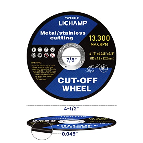 Lichamp 4-1/2 Rodas cortadas para metal, 100 pacote de 4,5 polegadas Lâmina de corte da roda de corte de disco, 4,5 x0.045 x7/8