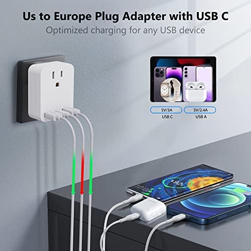 Adaptador europeu de plugue de viagem com USB C, Lifiyirc US to Europe Plug Adapter com 3 USB Carregador, adaptador
