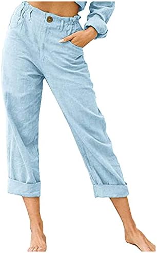 Calça de linho de algodão feminino zdfer de zdfer calça de carga elástica de botão elástica de coloração sólida calça reta com bolsos