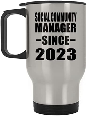 Designsify Social Community Manager desde 2023, caneca de viagens de prata 14oz de aço inoxidável em aço inoxidável,