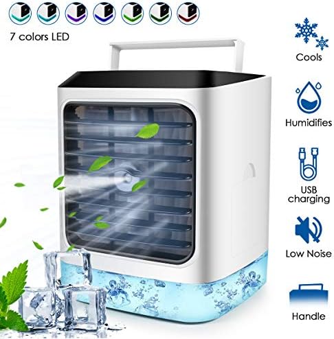 Ar condicionado portátil, um ventilador de ar condicionado evaporativo com 7 luzes coloridas, ventilador de nebulição