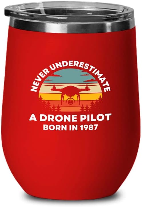 Drone Pilot Rel Wine Tumbler 12oz - Drone Pilot nascido em 1987 - Drone Pilots Aviation RC Quadcopter Operator Airline Girando 35 35º