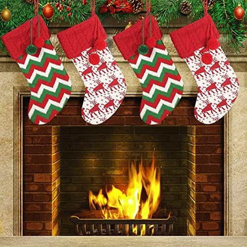 Woirio 16 polegadas meias de natal 2 pacote, listras de malha de batalha de Natal com bolas fofas, adequadas para decoração de lareira