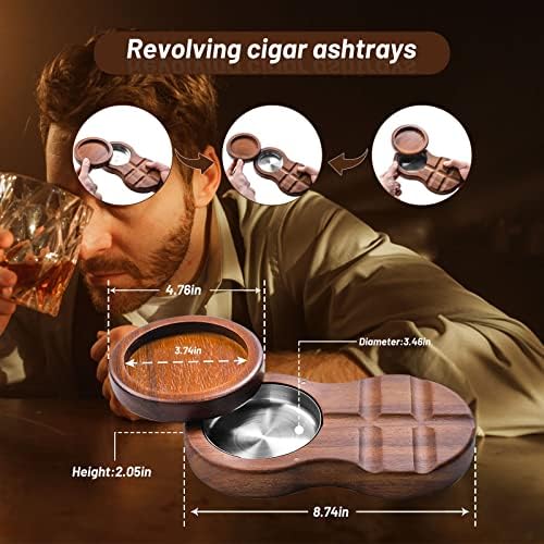 Bandeja de vidro de uísque de montanha -russa de cigarro e suporte de charuto, capa de madeira Rotatable Windsoof Cigar Whisky