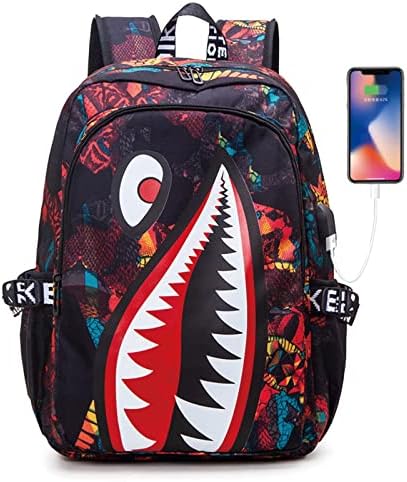 Apxqz Kids Backpack Shark Bookbags Backpack da bolsa escolar meninos com resistência à água leve USB （vermelho laranja）
