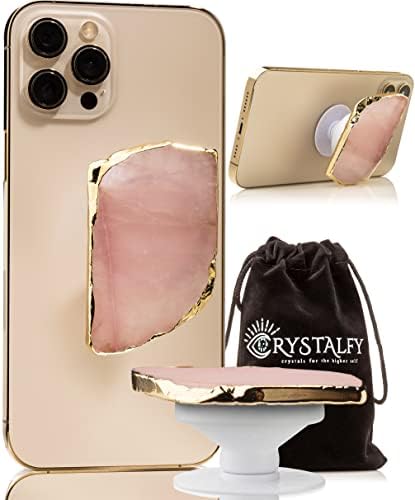 Crystalfy Rose Quartz Crystal Phone Grip & Phone Stand: Autentic Natural Gemstone Swappable Top, suporte dobrável expansível para