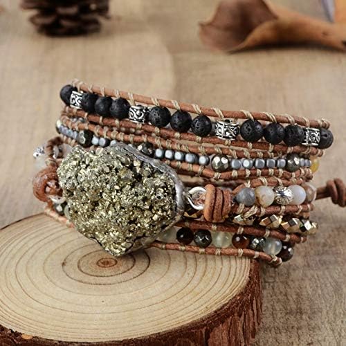 Pulseira crua mixada cálculos naturais 5 fios embrulham pulseiras artesanais Bracelete de couro de couro de pulseira de pulseiras