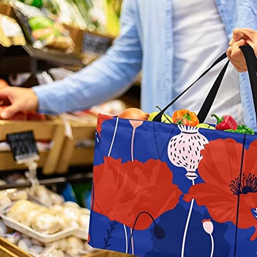 Lorvies desenhada manualmente, abstrato de papoula floral reutilizável saco de compras durável de mercearia - grande
