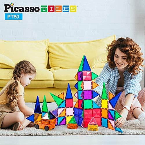 PICASSOTILES 80PC Blocos de construção magnética + 12pcs Mirror Tile, Diamond Magnet Blocks com kit de aprendizado de haste