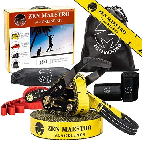 Slackline Kit 65ft completo com protetores de árvore e catracas Treinador de treinamento opcional Treinador de braço Bolsa, Zen