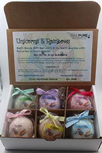 Spapure Unicorns and Rainbows - Bath Bomb Gifts Set com 6 XL Unicorn Bath Bombs com unicórnios surpresa dentro, EUA Made, feita à mão, bombas naturais de banho, ideia de presente de aniversário para crianças pacote de 1