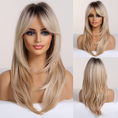 Berron Blonde Mulheres perucas longas perucas onduladas com Bangs Blonde ombre sintético perucas em camadas para peruca usada diariamente tampa de peruca incluída