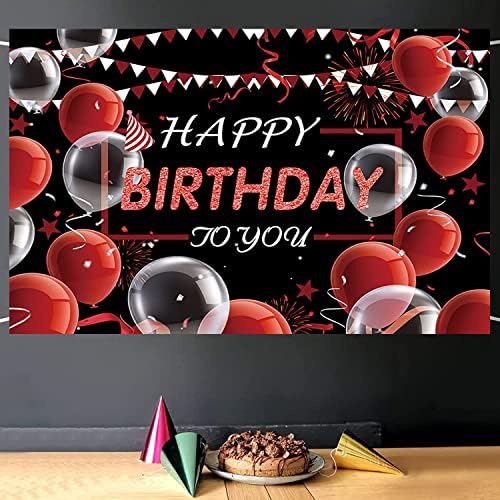 Feliz Aniversário Banner Vermelho e Black Banner Photo Props Red Balloons Preto Tema de aniversário para decoração de festa de aniversário Decorações de festas