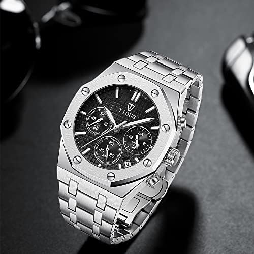 Tiong Mens relata o cronógrafo aço inoxidável Data à prova d'água quartzo analógico assistir Business Casual Fashion Wrist Watches for Men