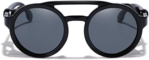 Mudiwrlo polarizado óculos de sol redondos steampunk com lateral de couro escudo de ponte dupla e óculos retro para homens mulheres