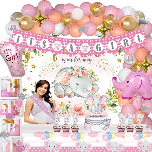 155 PCs Decorações de chá de bebê elefante para meninas, hombae elefante rosa é uma garota doce doce decorações de chá de bebê