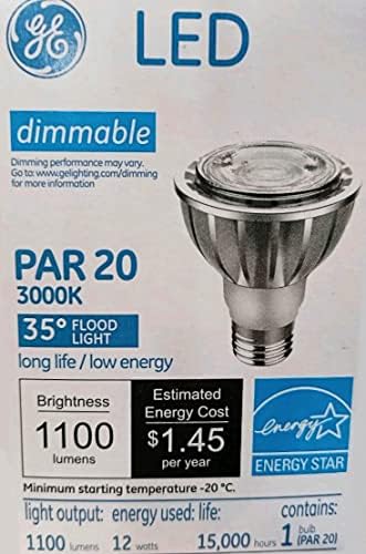 GE 38130 LED PAR20 Flood Light, 1100 lúmens, 3000K, ângulo de feixe de 35 graus, diminuição, 12 watts, 15000 horas,