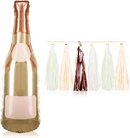 Produtos VP 6 peças Bouquet de balão de champanhe + 1 guirlanda de borla - kit perfeito para chuveiro de noiva, solteira e festa de aniversário - balão de papel alumínio de 41 - Decorações de festa de prata e ouro rosa