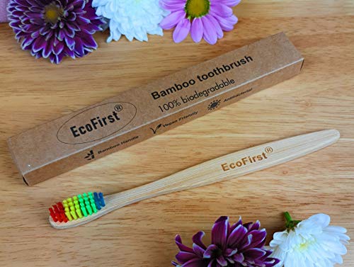 Conjunto ECOFIRST de 4 bambu e ecologicamente corretas de dentes de dentes de madeira de madeira cerdas de cor de arco-íris biodegradável
