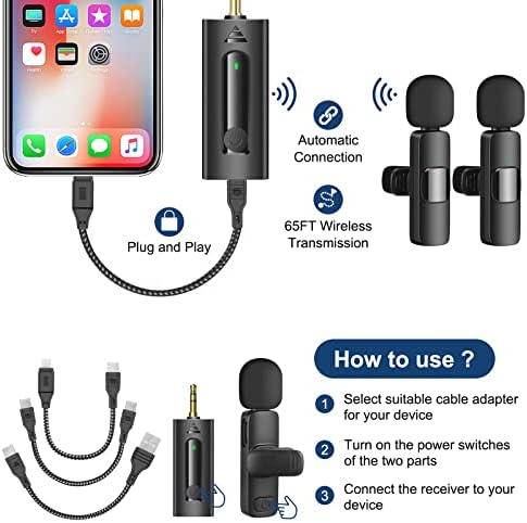 Microfone sem fio BZXZB para iPhone, telefone Android, câmera, laptop, MacBook, clipe profissional de lavalier duplo profissional